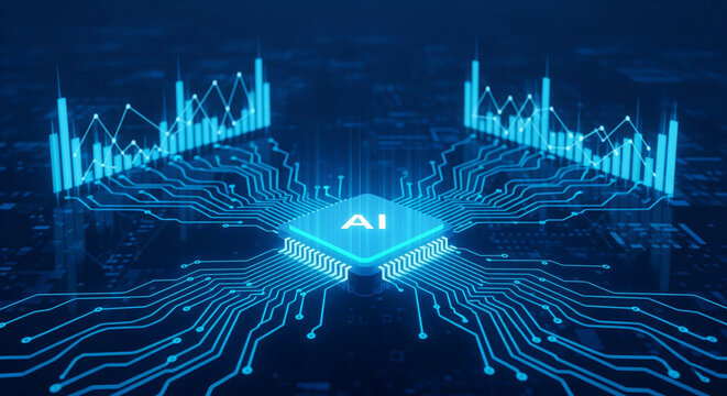 Futuristic ai chip processing data with glowing blue circuits and digital graphs