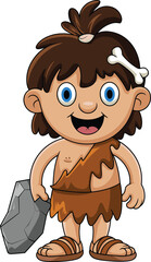 Obraz premium Cartoon caveman holding stone tool, cute funny prehistoric character, bone hair accessory, primitive outfit, sandals, educational children's illustration