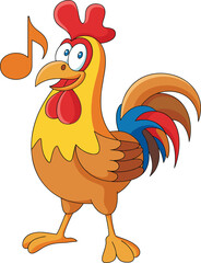 Cartoon rooster singing on farm, vibrant feathers, musical notes in air, cheerful animal character, fun poultry illustration for children