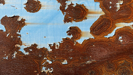 Old rusty blue sheet metal with peeling paint and corrosion. Grunge textured background ideal for industrial, decay, or vintage themes.