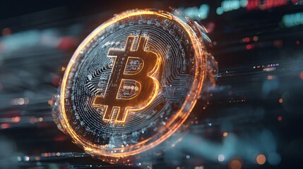 Vibrant Bitcoin cryptocurrency symbol with glowing golden light and abstract digital background