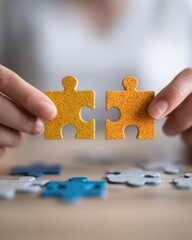 Person holding two puzzle pieces with different patterns trying to fit them together.