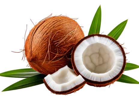 Ai generated image of whole and halved coconuts with green leaves isolated on transparent ba.png