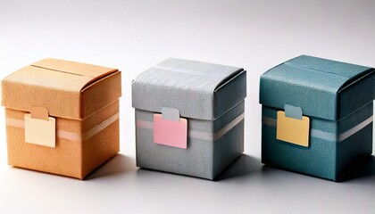Trio of Small Textured Boxes with Color Coded Labels on Muted Background White Background 