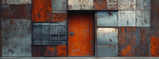 Rustic Metal Wall with Orange Door and Patina Finish