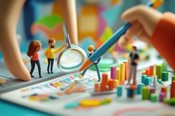 Miniature figures working on colorful charts and graphs.