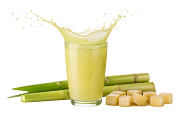 Refreshing sugarcane juice splash in a glass surrounded by raw sugarcane stalks and cubes, capturing natural sweetness and vitality.