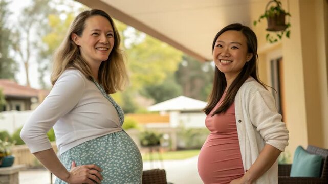 Two Pregnant Women Smiling Outdoors
