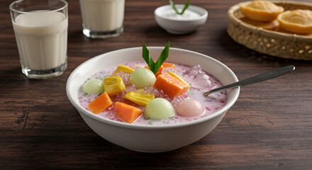 A vibrant bowl of a traditional dessert, likely from Southeast Asia.