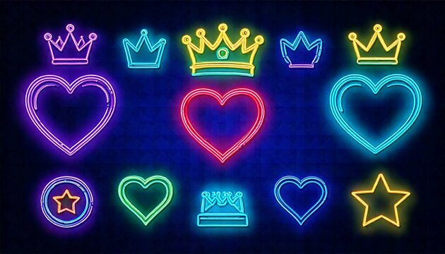 3d set of neon heart, crown, medal, trophy. Stock vector illustration on isolated