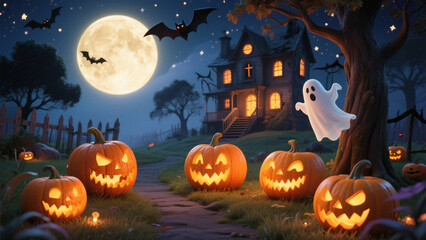 A whimsical yet spooky Halloween scene under a large, glowing full moon. Halloween, Halloween Costumes, Halloween Background, Happy Halloween