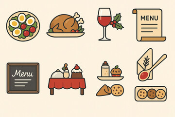 Set of Christmas Menu Icons in Flat Vector Style