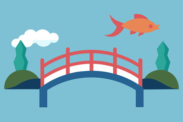Stylized japanese garden scene with bridge and fish