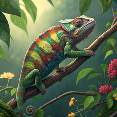 Naklejka premium chameleon on a green leaf