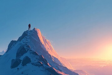 Mountain climber reaching final peak at sunrise on snowy ridge.