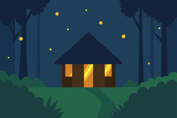 Fototapeta premium Cozy cabin in the woods at night with fireflies