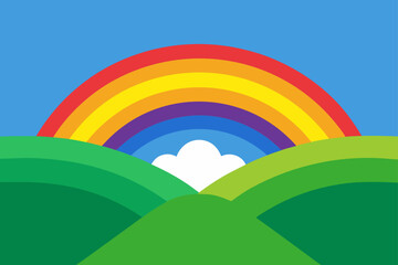 Vibrant rainbow arches over rolling green hills under a blue sky