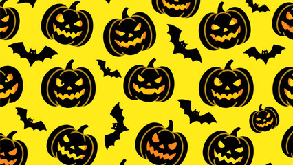 A bold and spooky Halloween-themed pattern featuring an array of carved jack-o'-lanterns with menacing, glowing eyes and jagged smiles. Halloween, Halloween Costumes, Halloween Background