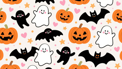 Fototapeta premium A charming and whimsical Halloween-themed pattern featuring cute, friendly ghosts with smiling faces and floating arms. Halloween, Halloween Costumes, Halloween Background, Happy Halloween