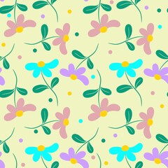 Hand drawn illustration of camomile flowers on the light yellow background 