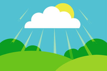 Fototapeta premium Sunny day with a cloud and gentle rays over rolling green hills