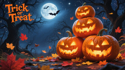 A hauntingly beautiful Halloween scene featuring three intricately carved pumpkins stacked in a pyramid, glowing with warm orange light. Halloween, Halloween Costumes, Halloween Background