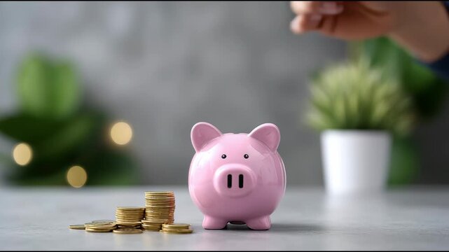 Hand placing coin into pink piggy bank with stack of gold coins on table, saving money, finance, investment, budget planning, economic growth, positive emotion, indoor close up, financial management