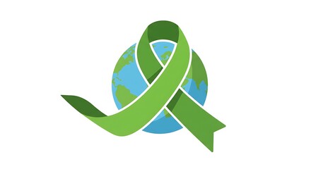 Symbolic green awareness ribbon encircling a globe. A concept for environmental protection, global conservation, and planetary health initiatives.