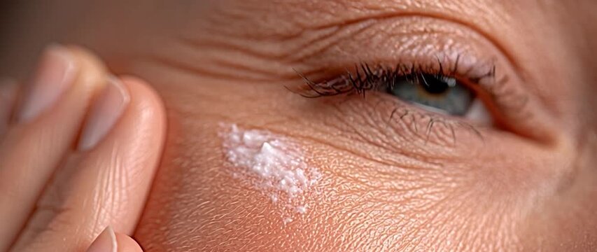Anamorphic video woman puts a white cream on her face. View half face of beautiful female face. Concept for fresh moisturized elasticity skin