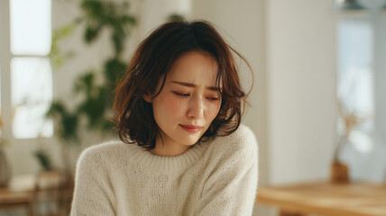 女性が窓辺で涙をこぼす