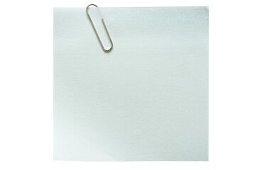 Blue post it note with paperclip isolated on a white background