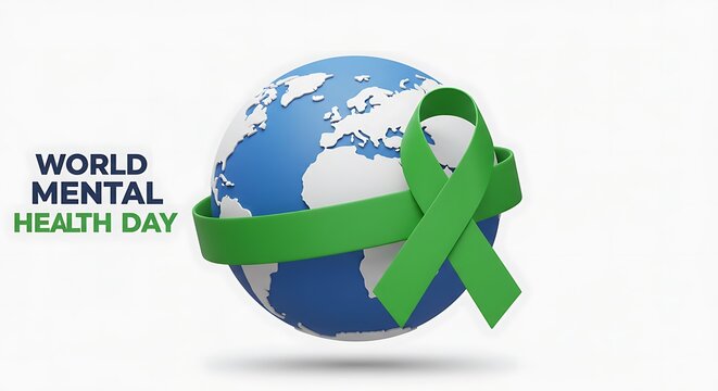 Global Awareness for Mental Health Day with Green Ribbon and Earth Concept. Supporting Wellbeing and Understanding Around the World through Advocacy.