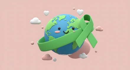 Adorable kawaii planet Earth with a smiling face and a green awareness ribbon, symbolizing global care, environmental support, and health. 3D render.