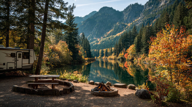 Idyllic autumn weekend vacation outdoor camping campground by secluded majestic mountain lake with fall foliage camper rv picnic table fire circle mountain landscape nature woodland forest background
