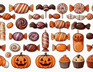 Halloween candy set. Holiday sweets collection. Vector illustrations