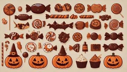 Halloween candy set. Holiday sweets collection. Vector illustrations