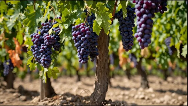 Grape cluster vineyard with ripe fruit and green leaf in agriculture summer outdoor, sunlight rural harvest, organic healthy food, fresh countryside landscape, soil farming, natural growth plant