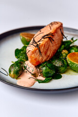 Deliciously Grilled Salmon Fillet Served with Seasonal Brussels Sprouts, Spinach, Lime Segments, and a Creamy Dressing on a Stylish Plate