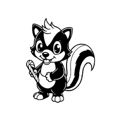 A charming black and white cartoon skunk character happily holding a striped candy cane.