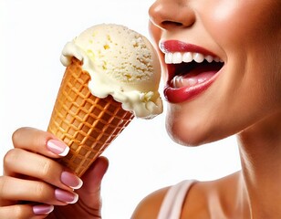 Indulge in the Delightful Moment of a Woman Enjoying a Creamy Vanilla Ice Cream Cone on a Su.jpg