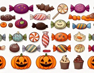 Halloween candy set. Holiday sweets collection. Vector illustrations