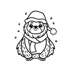 A cute cartoon sloth wearing a winter hat and scarf, surrounded by falling snow, in a black and white line drawing.