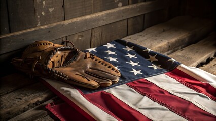Vintage baseball glove on american flag