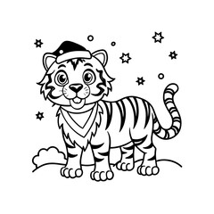A cute cartoon tiger wearing a Santa hat and scarf, standing in a snowy scene with stars, designed for coloring.