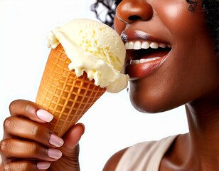 Indulge in the Delightful Moment of a Woman Enjoying a Creamy Vanilla Ice Cream Cone on a Su.jpg