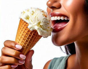Indulge in the Delightful Moment of a Woman Enjoying a Creamy Vanilla Ice Cream Cone on a Su.jpg