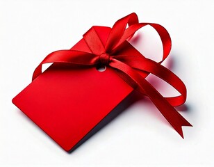 Red gift tag with red ribbon isolated on white 