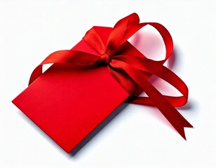 Red gift tag with red ribbon isolated on white 