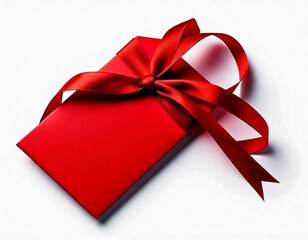 Red gift tag with red ribbon isolated on white 