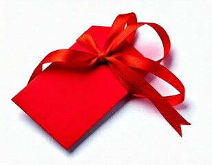 Red gift tag with red ribbon isolated on white 